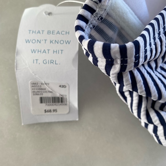 New! Cacique Underwire Seersucker Swim Bikini Top 42D Maritime Blue Seersucker - Picture 6 of 9